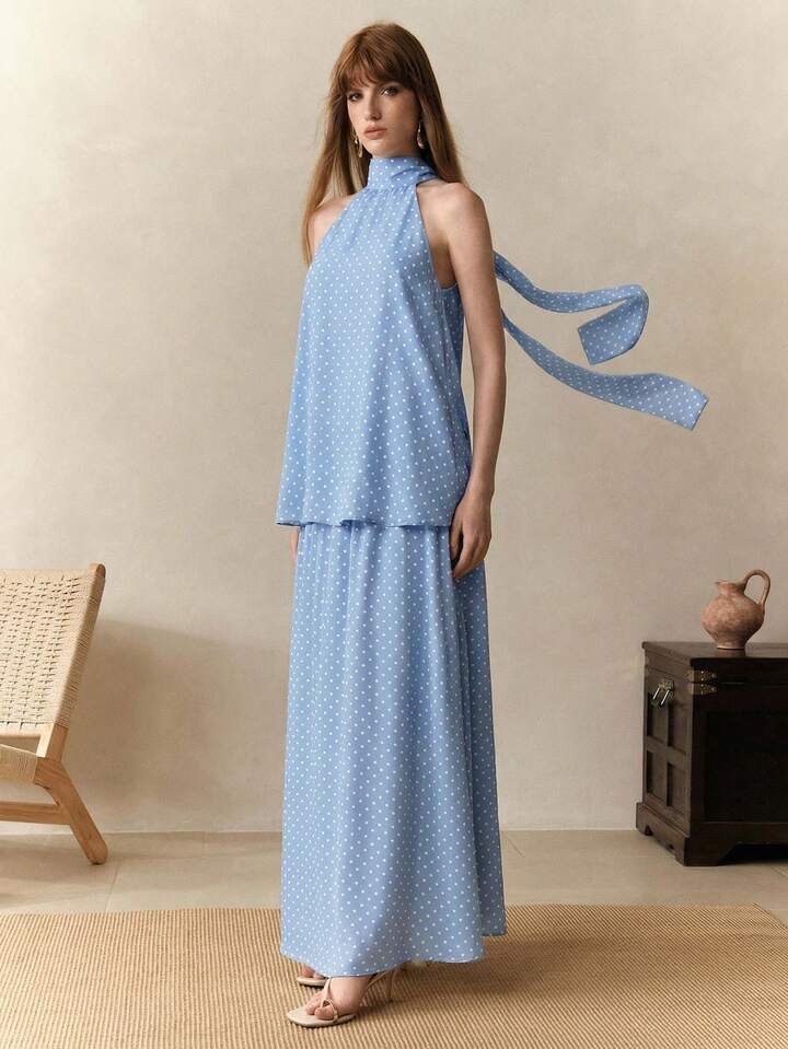 CM-SS109547 Women Trendy Bohemian Style Chiffon Polka Dot Print Sleeveless Halter Neck Top With Skirt - Set