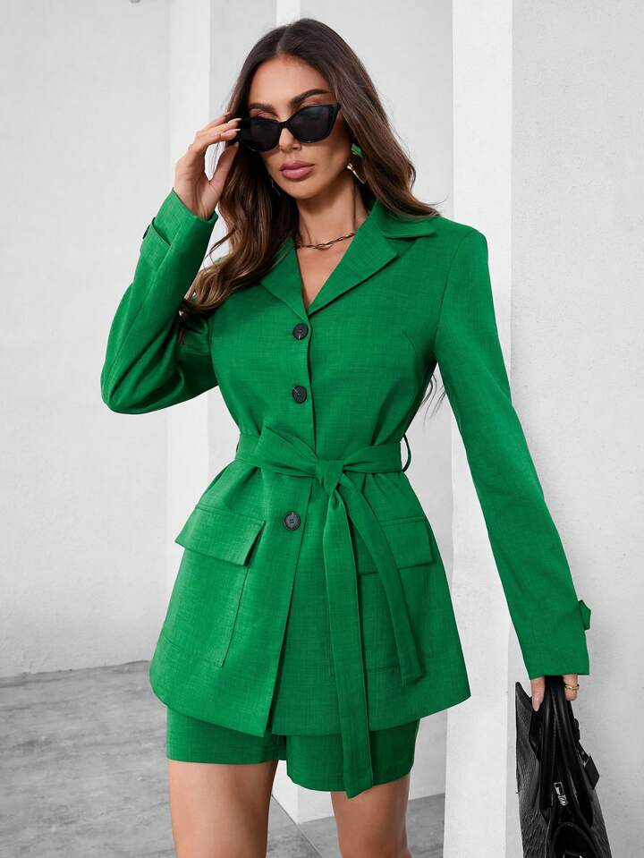 CM-SS420767 Women Elegant Seoul Style Lapel Neckline Long Sleeve Blazer With Shorts Suit - Green