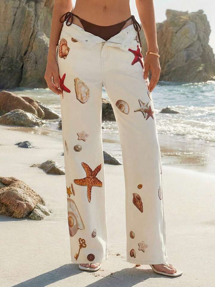 CM-BS225395 Women Casual Seoul Style Ocean Shell Starfish Conch Pearl Print Low Waist Loose Denim Jeans
