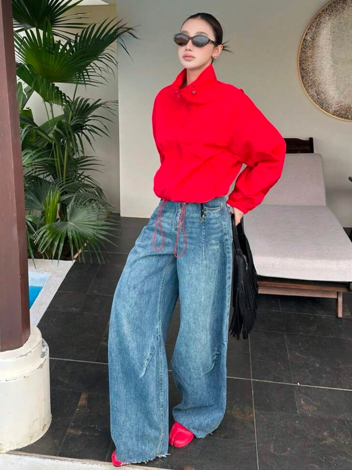 CM-CS791546 Women Casual Seoul Style Drawstring Collar Loose Fit Short Lightweight Jacket - Red