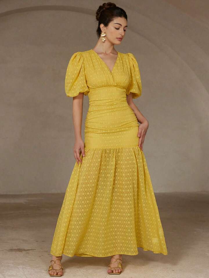 CM-DS315420 Women Elegant Seoul Style Chiffon Cut-Out V-Neck Puff Sleeve Ruffle Bodycon Dress - Yellow