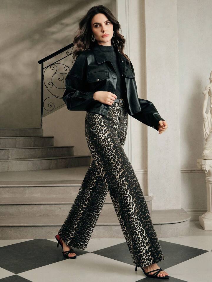 CM-BS954495 Women Elegant Seoul Style High Waist Pockets Leopard Print Wide Leg Loose Jeans - Coffee Brown
