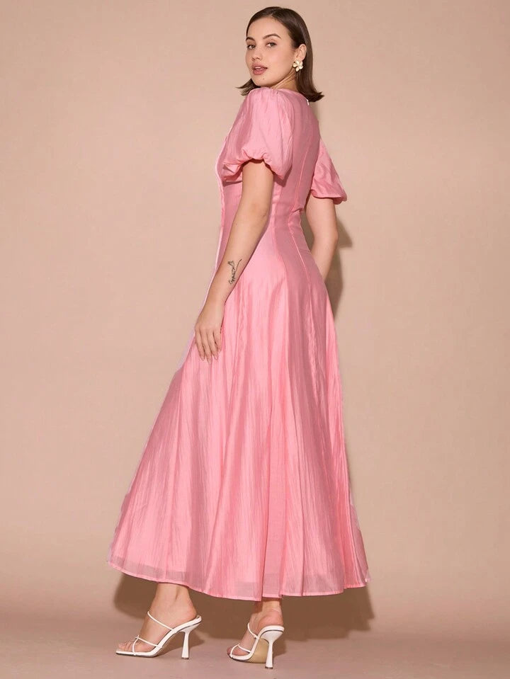 CM-DS173261 Women Elegant Seoul Style Round Neck Bubble Pleat Puff Long Sleeve Maxi Dress - Pink