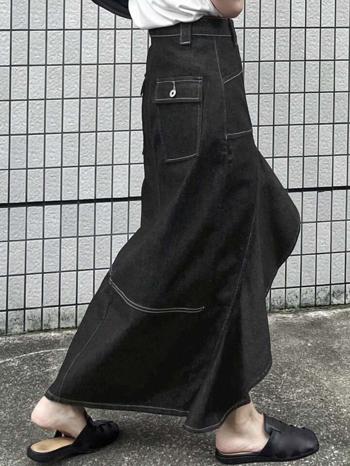 CM-BS727918 Women Casual Seoul Style Multi-Layered Ruffle Patchwork Denim Skirt With Side Slit