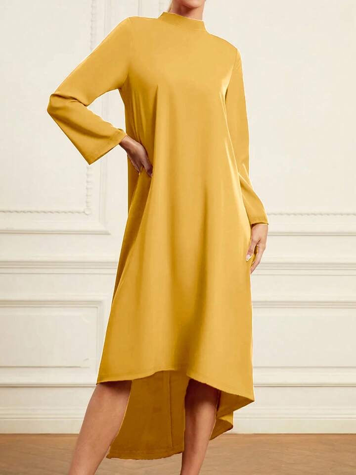 CM-DS560291 Women Elegant Seoul Style High Collar Long Sleeve Mid-Length Dress - Yellow