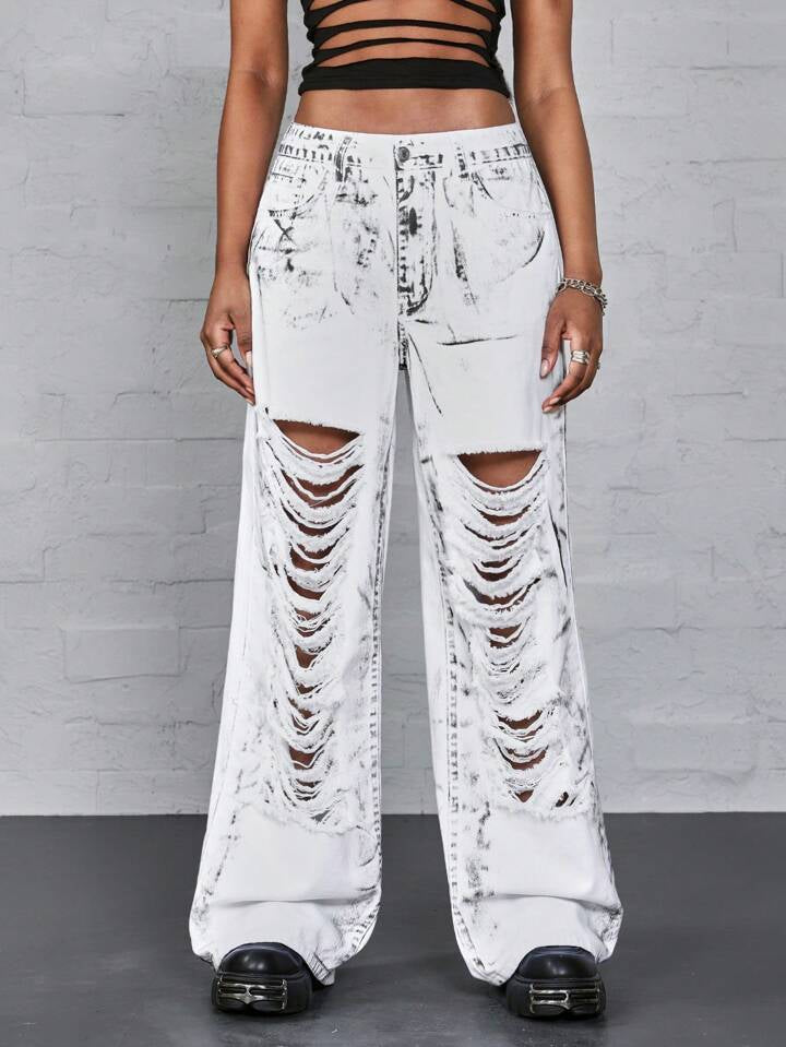 CM-BS860642 Women Casual Seoul Style Digital Printed Distressed Washed Denim Jeans - White