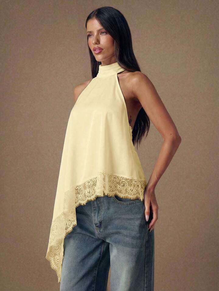 CM-TS451934 Women Elegant Seoul Style Lace Satin Patchwork Sleeveless Trim Backless Camisole Top - Yellow