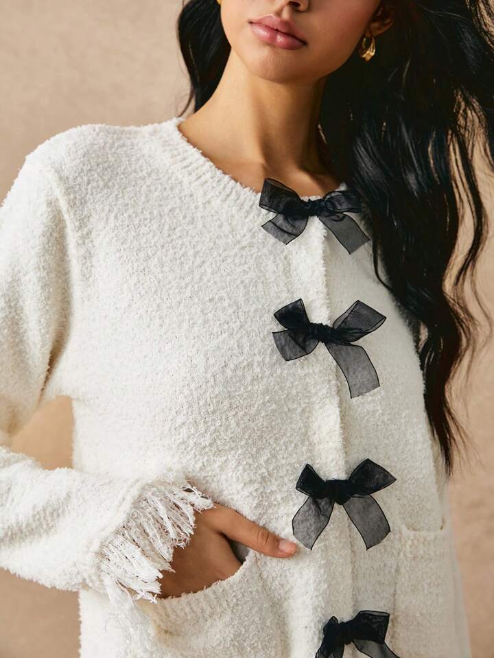 CM-CS281341 Women Casual Seoul Style Color Blocking Long Sleeve Fringe Trim Cardigan - White