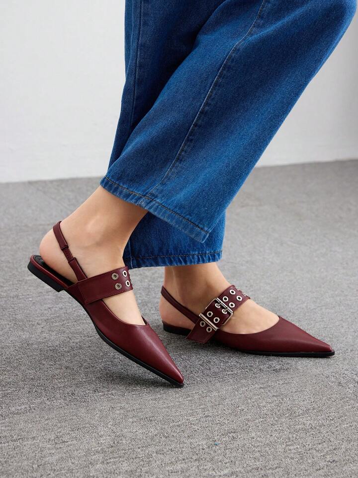 CM-SHS862685 Women Trendy Seoul Style PU Leather Pointed Toe Flat Shoes With Back Strap - Burgundy