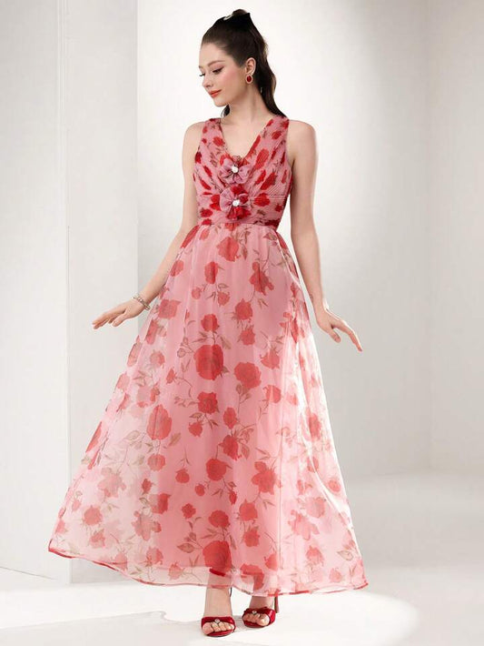 CM-DS549425 Women Elegant Seoul Style V-Neck Sleeveless Floral Print Semi-Sheer Mesh Long Dress