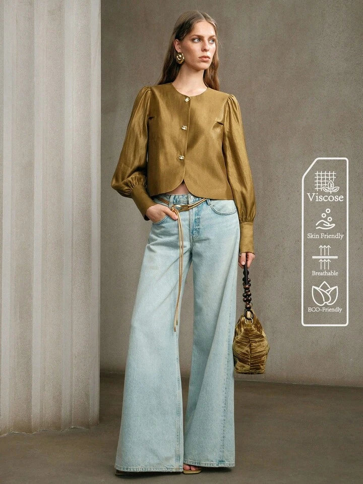 CM-TS487747 Women Elegant Seoul Style Round Neck Extra Long Puff Sleeve Button Front Shirt - Mustard Yellow