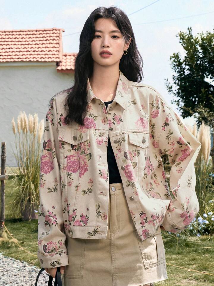 CM-CS898813 Women Casual Seoul Style Floral Print Drop Shoulder Flap Pocket Denim Jacket - Apricot