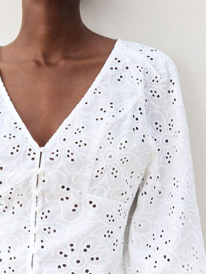 CM-TS190360 Women Trendy Seoul Style V-Neck Front Button Embroidery Hollow Out Lantern Sleeve Blouse - White