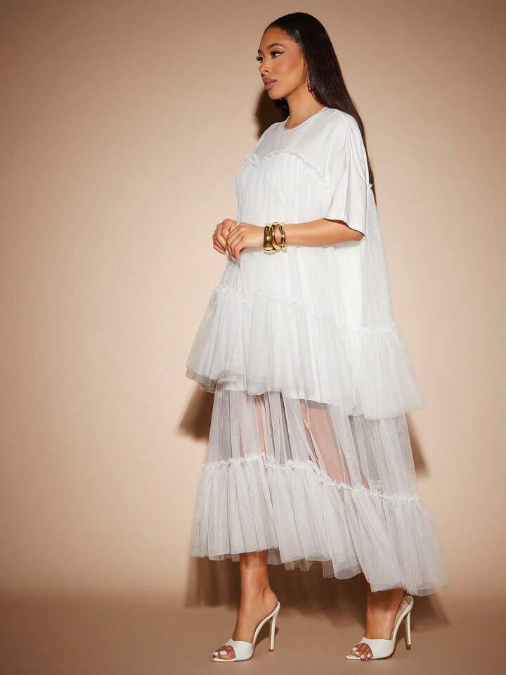 CM-DS261298 Women Elegant Seoul Style Round Neck Short Sleeve Contrast Mesh Tulle Tiered Maxi Dress - White