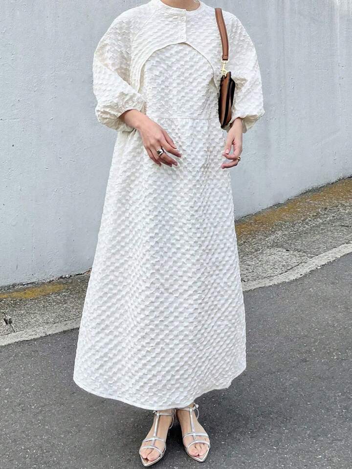 CM-DS502502 Women Casual Seoul Style Textured Stand Collar Puff Sleeve Loose A-Line Dress - Apricot
