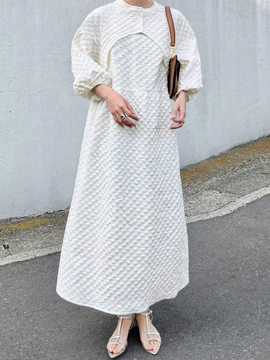 CM-DS502502 Women Casual Seoul Style Textured Stand Collar Puff Sleeve Loose A-Line Dress - Apricot