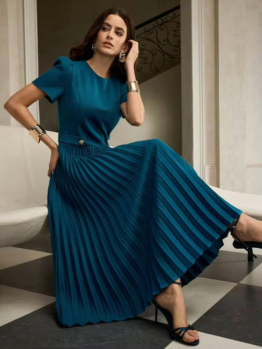 CM-DS660745 Women Elegant Seoul Style Round Neck Puff Sleeve Pleated Hem A-Line Mid-Length Dress - Teal Blue