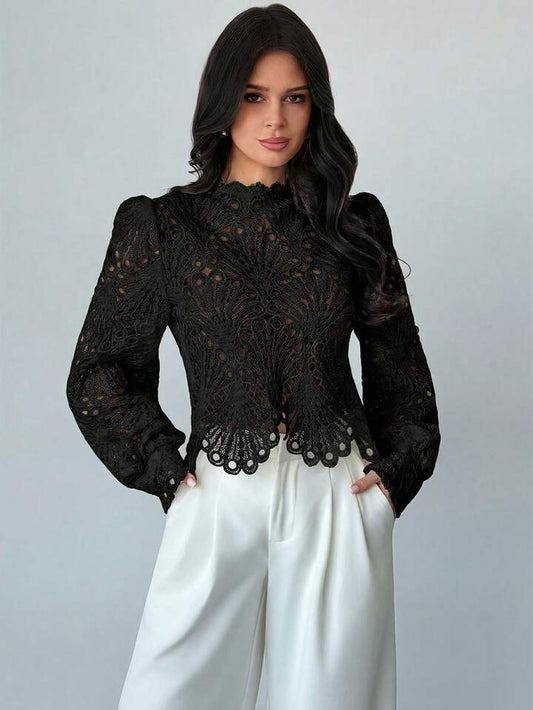 CM-TS794260 Women Elegant Seoul Style Mandarin Collar Lace Sheer Lantern Sleeve Blouse - Black