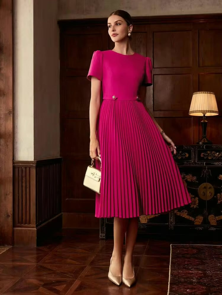 CM-DS609773 Women Elegant Seoul Style Round Neck Puff Sleeve Pleated Hem A-Line Mid-Length Dress - Hot Pink