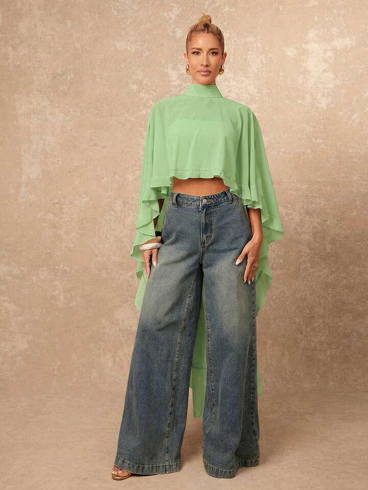 CM-TS255288 Women Casual Seoul Style Asymmetric Ruffle Hem Loose Collar Shawl Blouse - Green