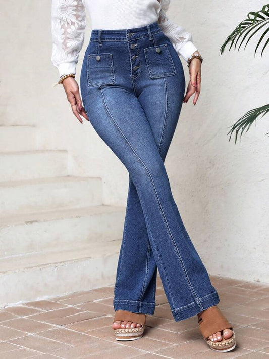 CM-BS206771 Women Casual Seoul Style High-Waist Flared Jeans - Blue