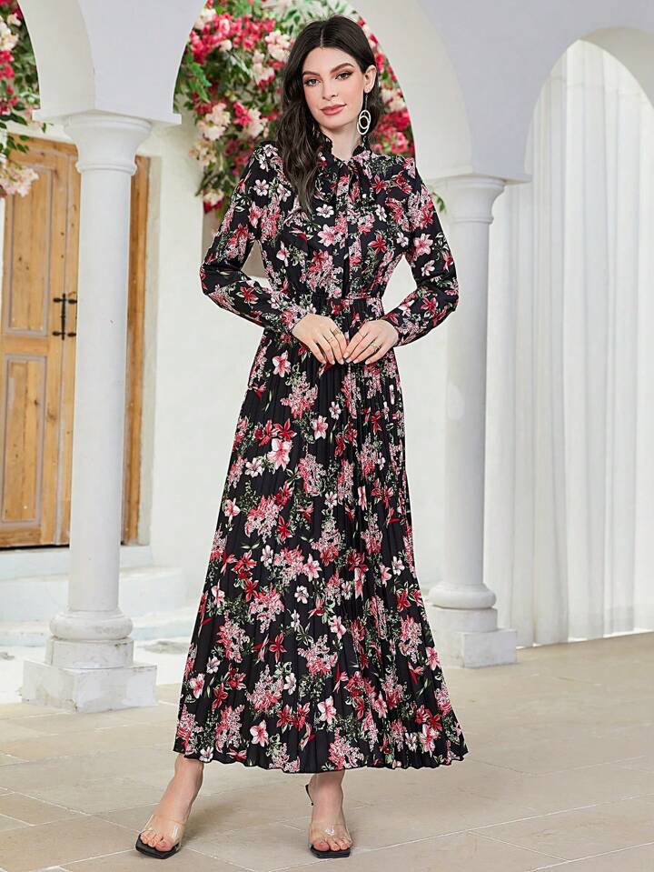 CM-DS652950 Women Trendy Bohemian Style Floral Print Long Sleeve Maxi Dress - Black