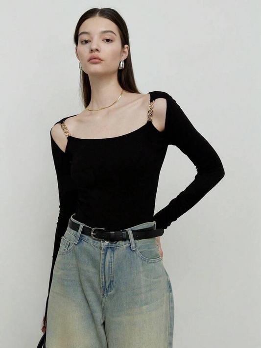 CM-TS175782 Women Casual Seoul Style Chain Strap Off-The-Shoulder Knitted Long-Sleeved T-Shirt