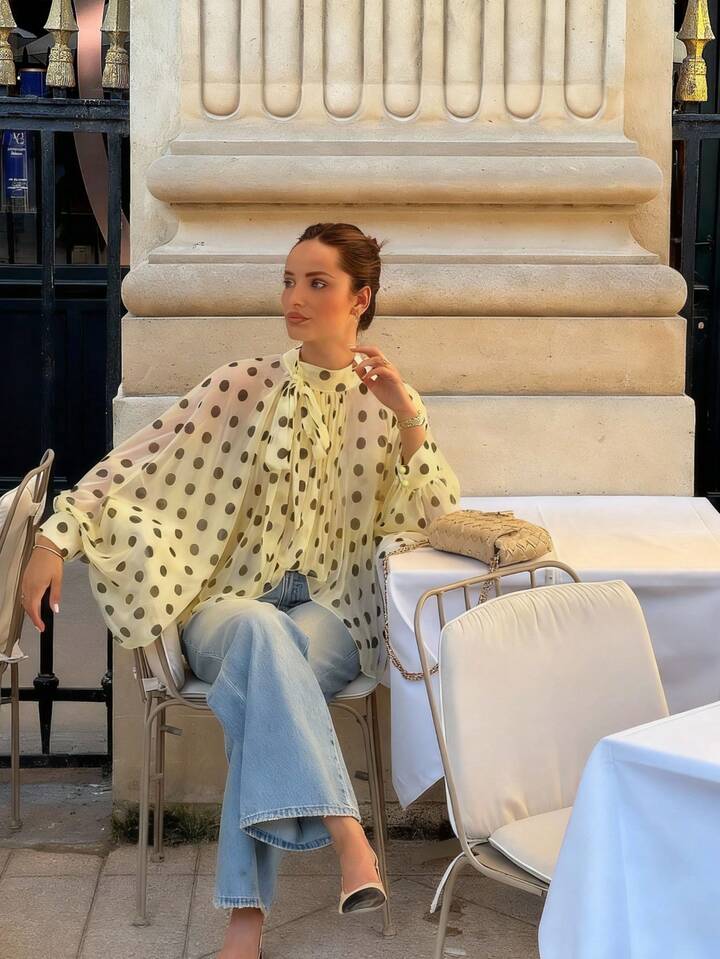 CM-TS430279 Women Elegant Seoul Style Bowknot Lantern Sleeve Polka Dot Pattern Pleated Blouse - Yellow