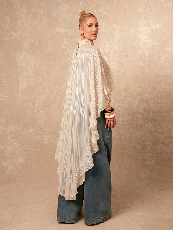 CM-TS246700 Women Casual Seoul Style Asymmetric Ruffle Hem Loose Collar Shawl Blouse - Apricot