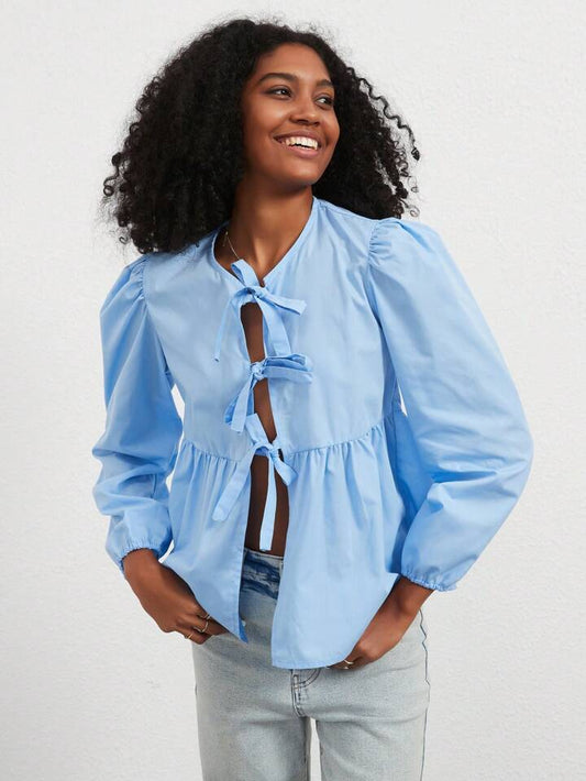 CM-TS373314 Women Casual Seoul Style Print Ruffle Hem Tie Long Sleeve Shirt - Blue