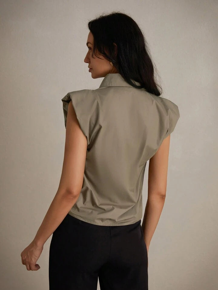 CM-TS859003 Women Casual Seoul Style Shirt Collar Sleeveless Riched Bust Asymmetrical Shirt