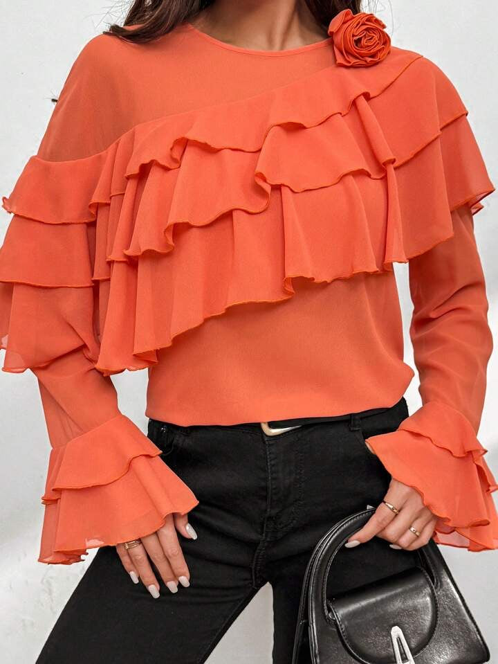 CM-TS831955 Women Elegant Seoul Style 3D Floral Decorated Ruffle Trim Blouse - Orange