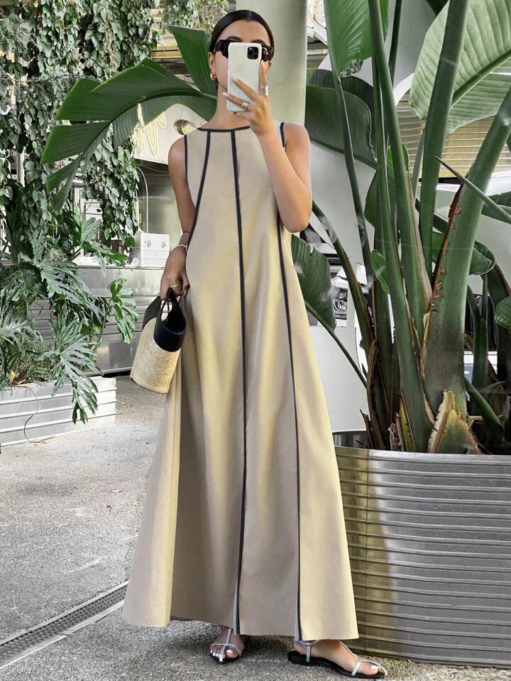 CM-DS359193 Women Casual Seoul Style Color-Conflicting Panels Sleeveless Loose Long Dress - Apricot