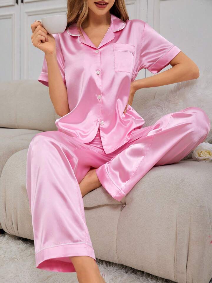 CM-LS336745 Women Trendy Seoul Style Color Block Turn-Down Collar Short Sleeve Shirt With Pants Pajama Set