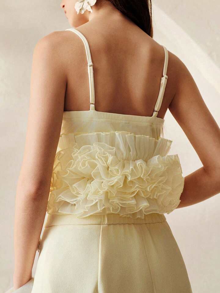CM-TS564794 Women Elegant Seoul Style Solid Color Knit Patchwork Multi-Layer Ruffle Organza Camisole Top - Light Yellow