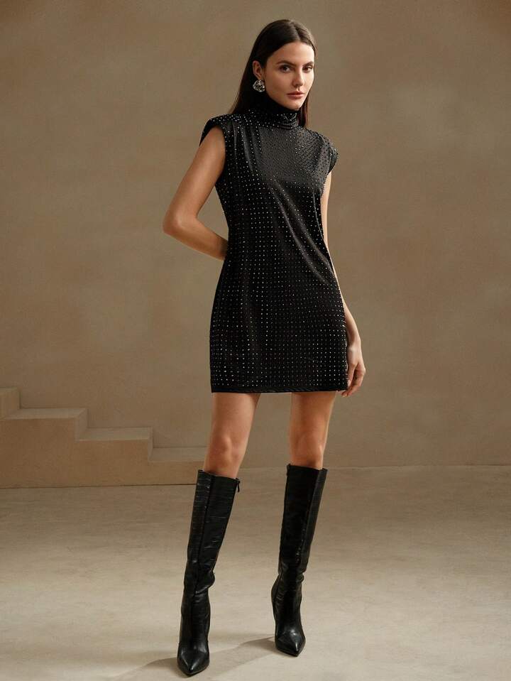 CM-DS773291 Women Elegant Seoul Style High Neck Stud-Embellished Woven Mini Dress - Black