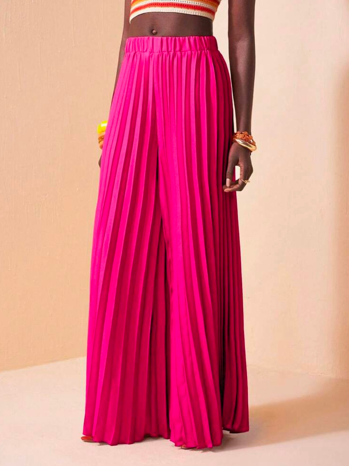 CM-BS843736 Women Trendy Bohemian Style Elastic Waist Pleated Large Hem Extra Long Wide Leg Pants - Hot Pink