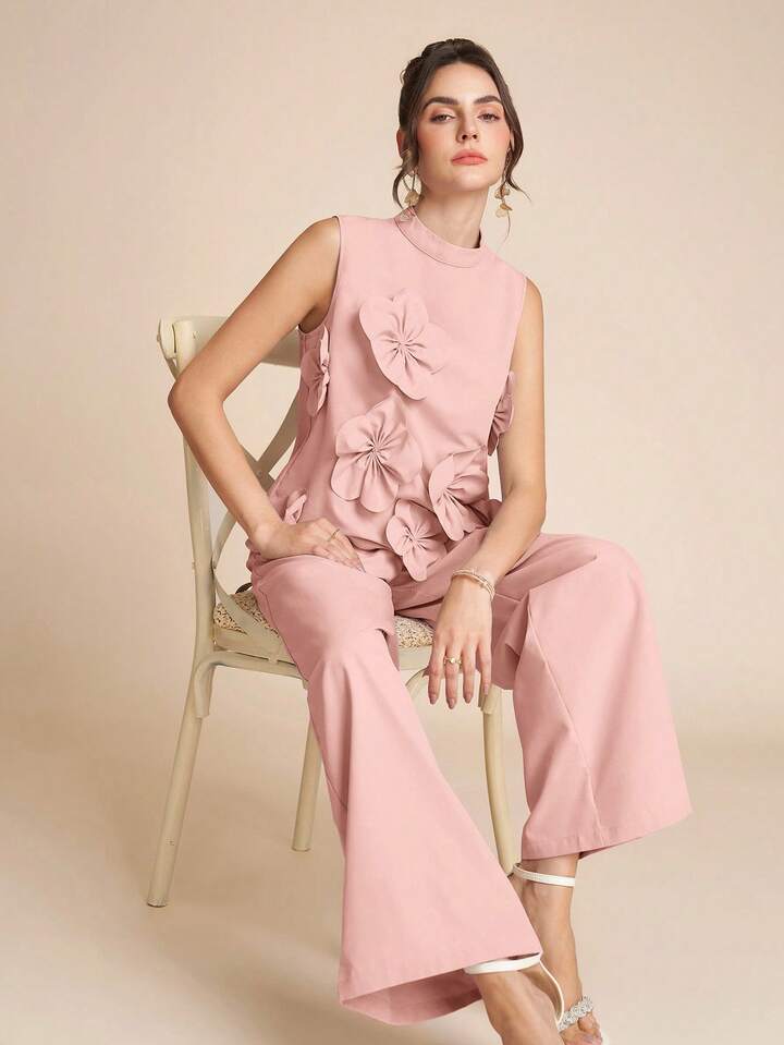 CM-SS304539 Women Elegant Seoul Style Stand Colllar Sleeveless 3D Floral Decor Top With Wide Leg Pants - Set