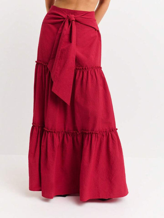 CM-BS094288 Women Trendy Bohemian Style Gathered Seams Oversized Waist Tie Tiered Maxi Skirt - Burgundy