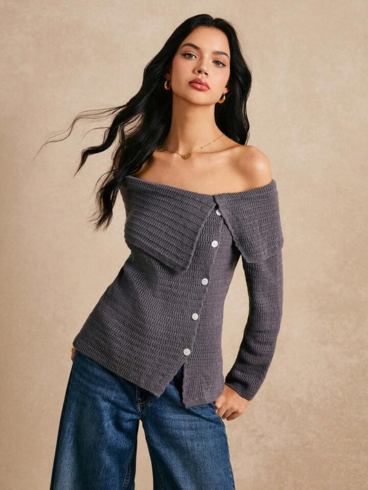 CM-CS773052 Women Casual Seoul Style Off-Shoulder Asymmetrical Pullover Sweater - Dark Gray