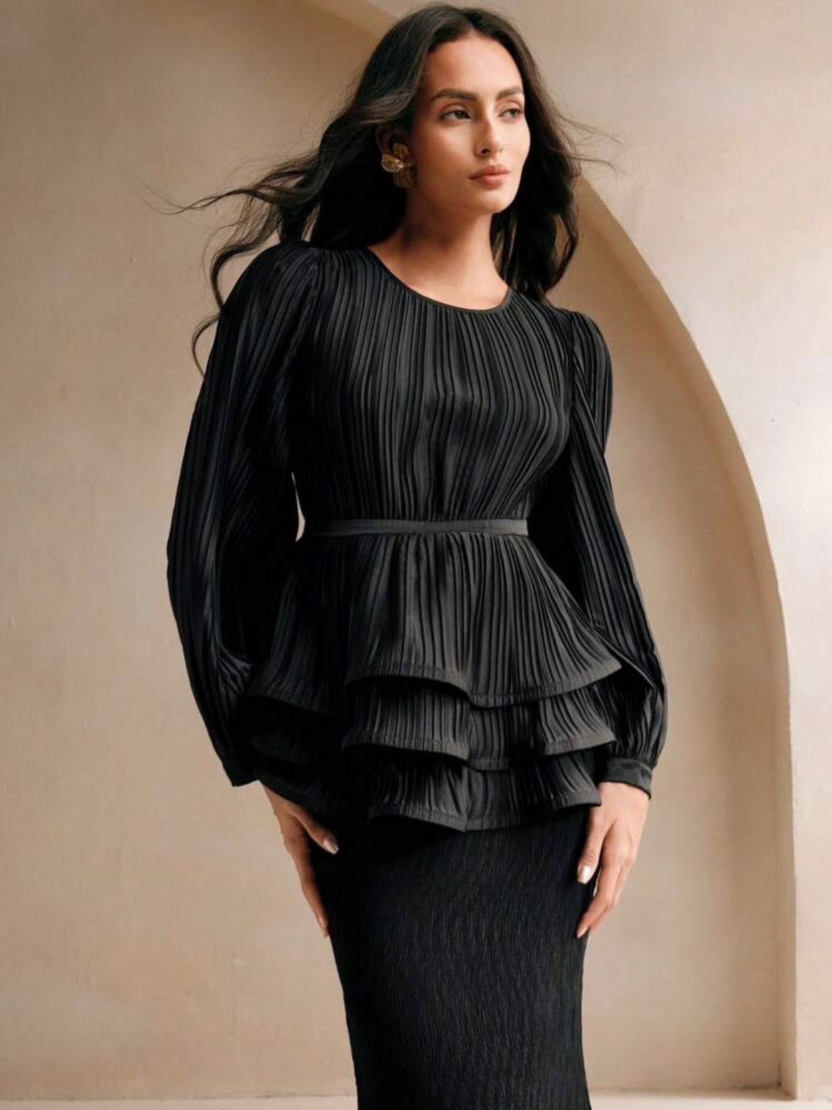 CM-TS222353 Women Elegant Seoul Style Round Neck Pleated Ruffle Hem Long Sleeve Blouse - Black