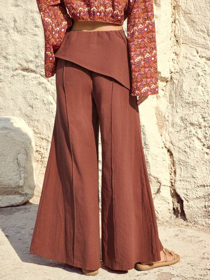 CM-BS966696 Women Trendy Bohemian Style High Waist Flared Trousers - Coffee Brown