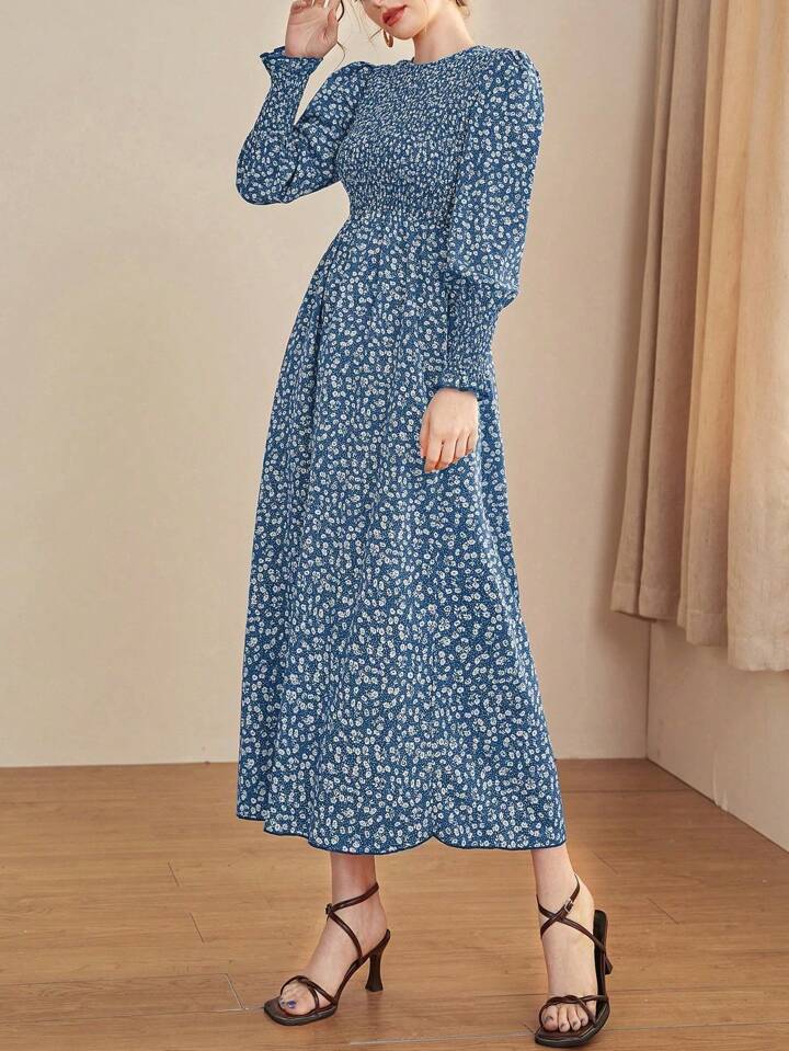 CM-DS548974 Women Casual Seoul Style Floral Wrap Around Round Neck Long Sleeve Dress