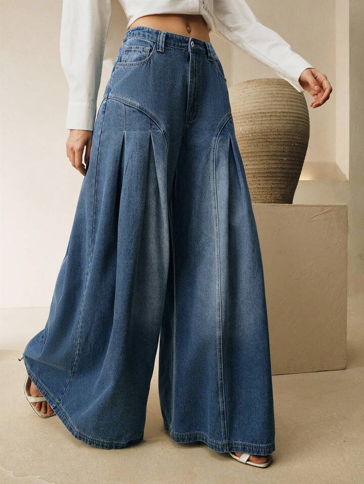 CM-BS575502 Women Casual Seoul Style High-Waisted Crease Split Lines Wide-Leg Jeans - Blue