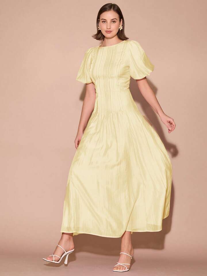 CM-DS122255 Women Elegant Seoul Style Round Neck Bubble Pleat Puff Long Sleeve Maxi Dress - Yellow