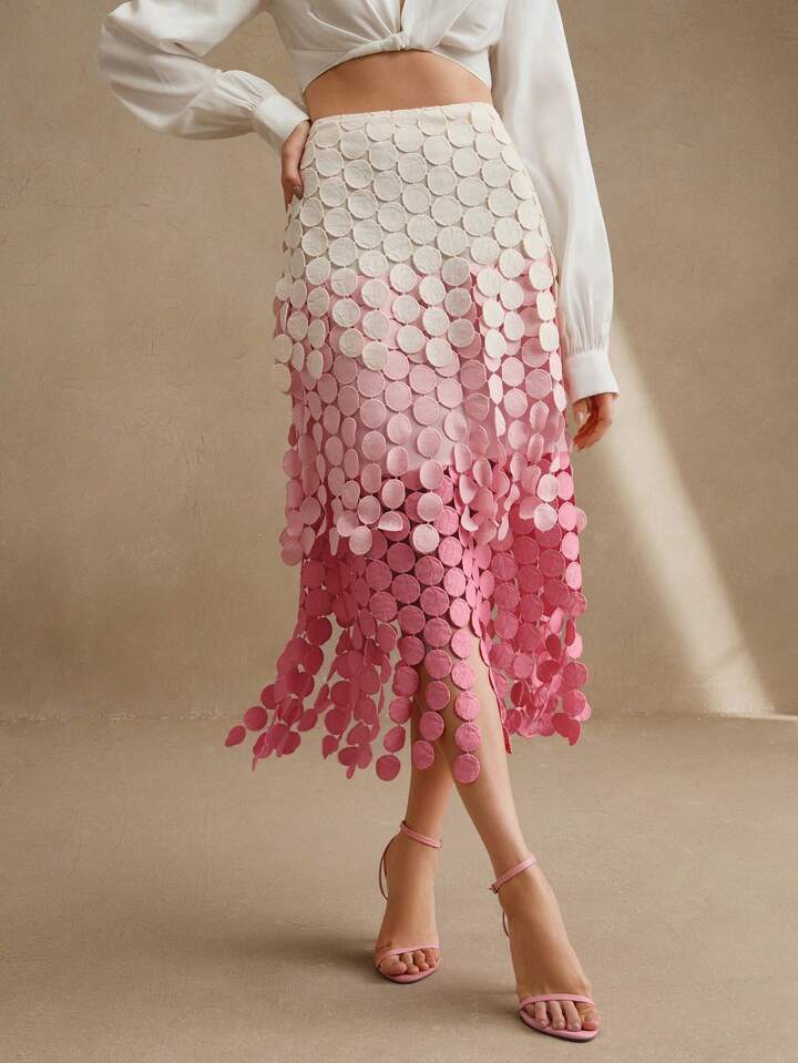 CM-BS338832 Women Trendy Bohemian Style Hollow Out Embroidery Tassel High Waist Flowy Skirt - Pink