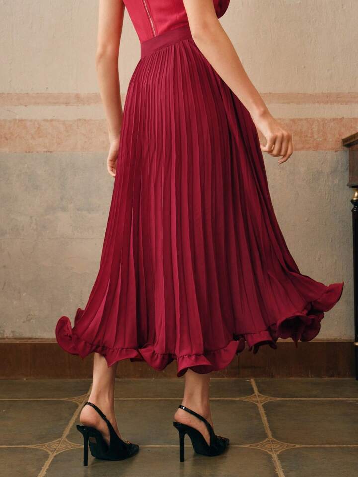 CM-BS696099 Women Elegant Seoul Style Pleated Woven Ruffle Hem Long Skirt - Burgundy