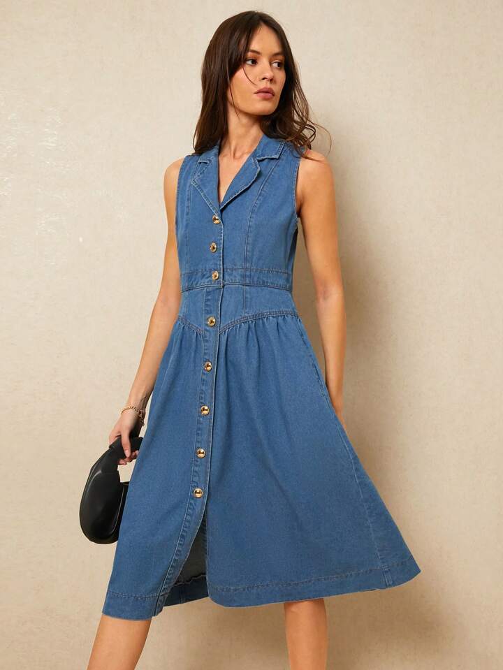 CM-DS474589 Women Casual Seoul Style Sleeveless Suit Collar Single-Breasted Denim Dress - Blue
