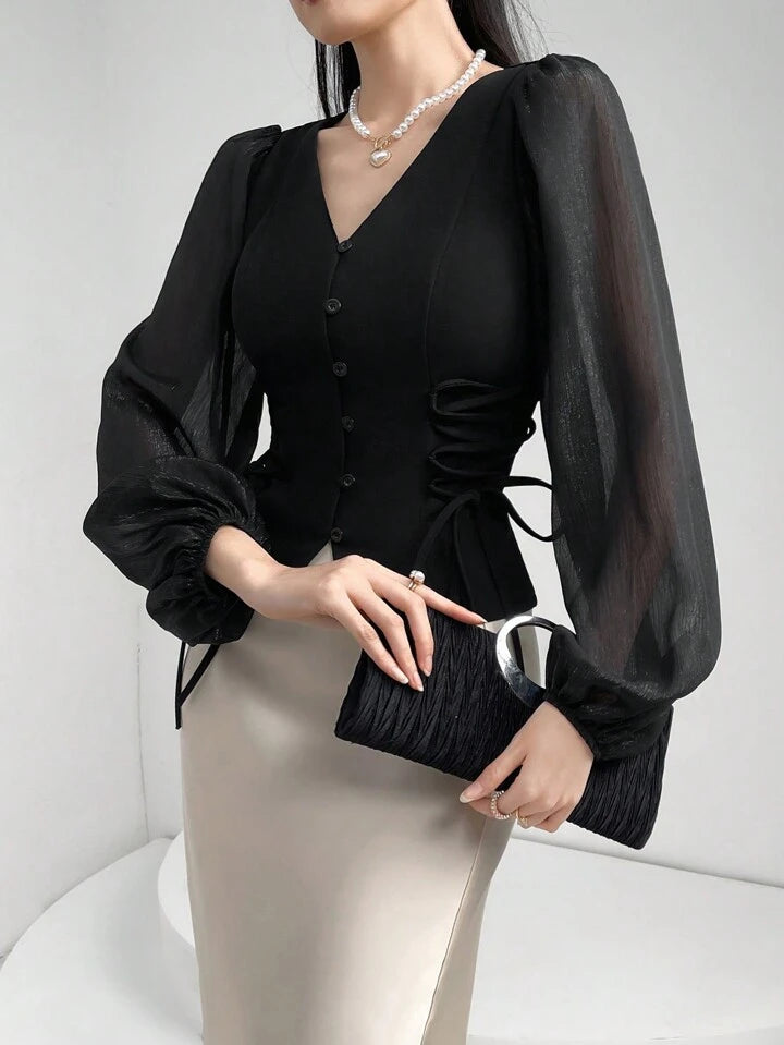 CM-TS854985 Women Elegant Seoul Style Sheer V-Neck Puff Lantern Sleeves Lace-Up Detail Blouse - Black