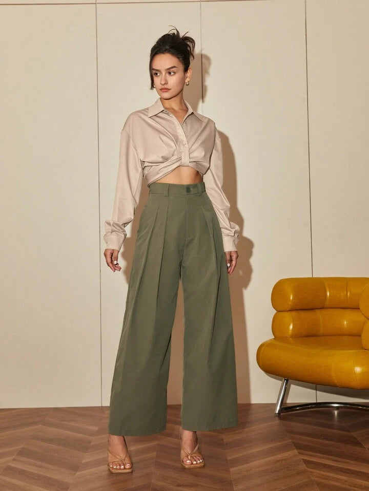 CM-BS394412 Women Elegant Seoul Style Pleated Wide Leg Suit Pants - Army Green